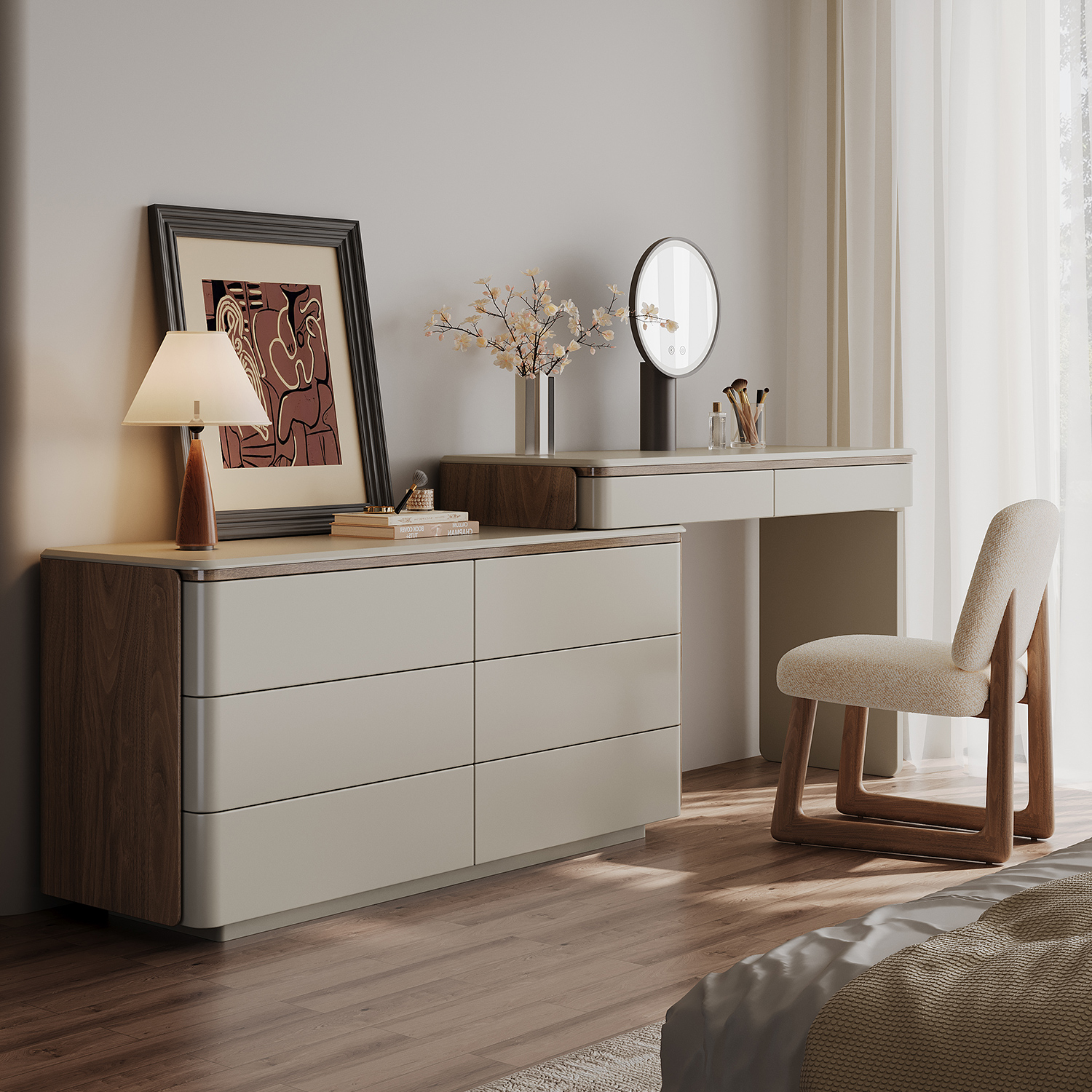 Luguang armario de tocador en 2025 nuevo lujo ligero de alto nivel minimalista sentimental dormitorio de madera sólida espejo de mesa de maquillaje