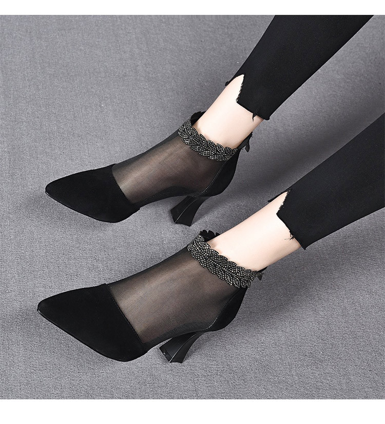 Boot lưới nữ cao gót mùa hè, cổ thấp, chất liệu da thật thoáng khí — Màu Đen Cashmere + lưới chi tiết 7