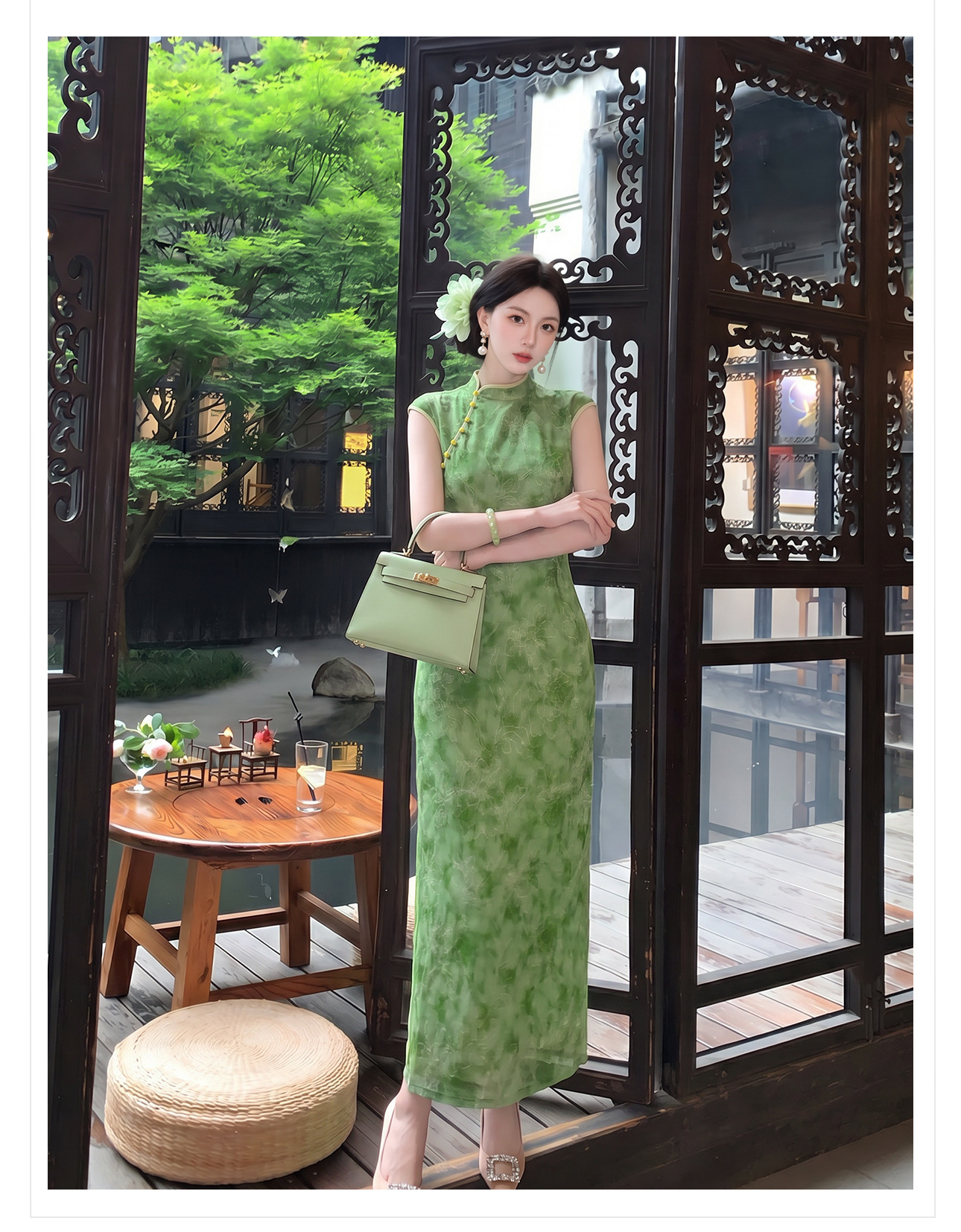 Đầm maxi nữ thắt eo cổ đứng tay dài họa tiết loang màu phong cách Tân Trung Hoa — Xanh lá cây nhạtcolor chi tiết 11