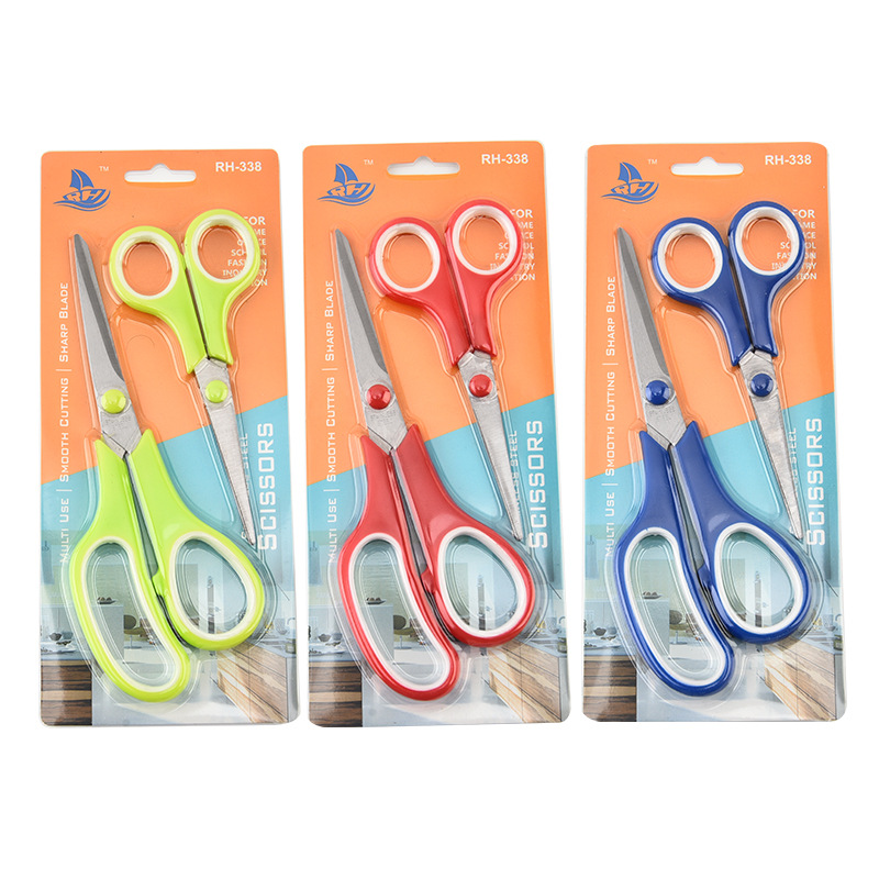 Dos colores tijeras de papelería de goma y plástico tarjeta de inserción portátil de oficina para estudiantes de acero inoxidable dos piezas de tijeras de oficina