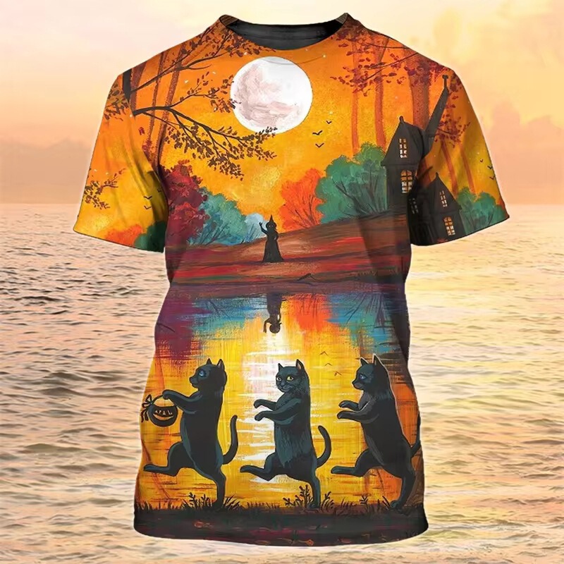 3D printed cat, dog, pumpkin, and witch T-shirt is a men's Halloween party pattern T-shirt with a loose fit, short sleeves, and a round neck