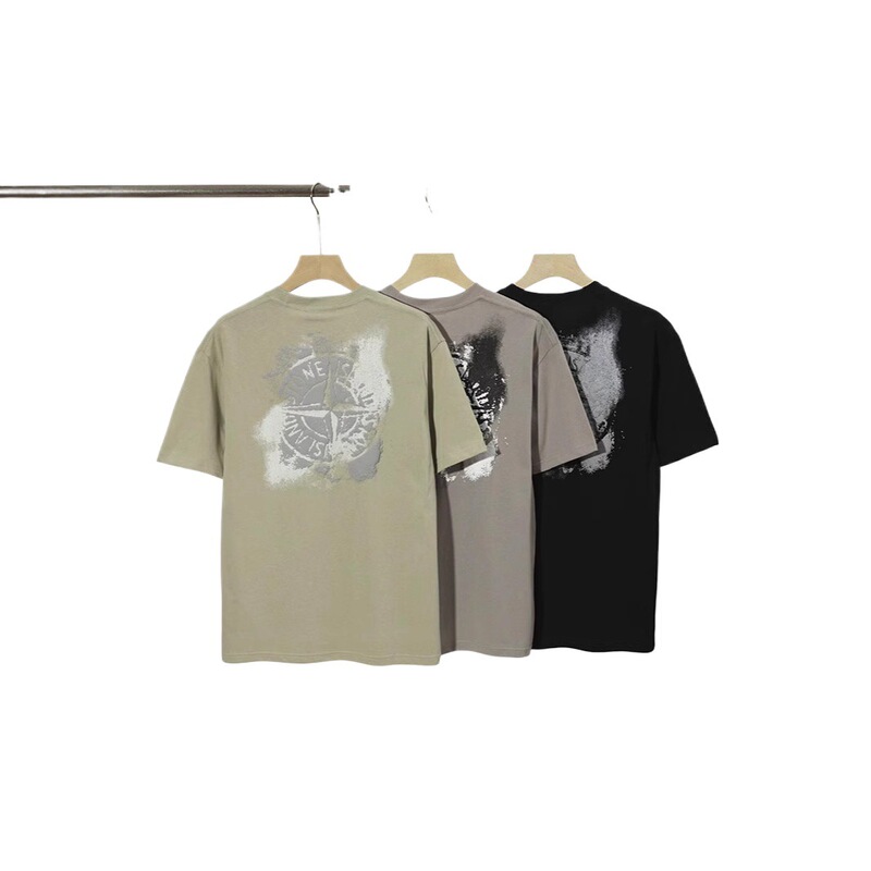Cross-Border European and American Ston Trendy Brand Short-Sleeve T-Shirt with Four-Way Island Foam Print, Unisex, Pure Cotton, Loose Fit, Round Neck