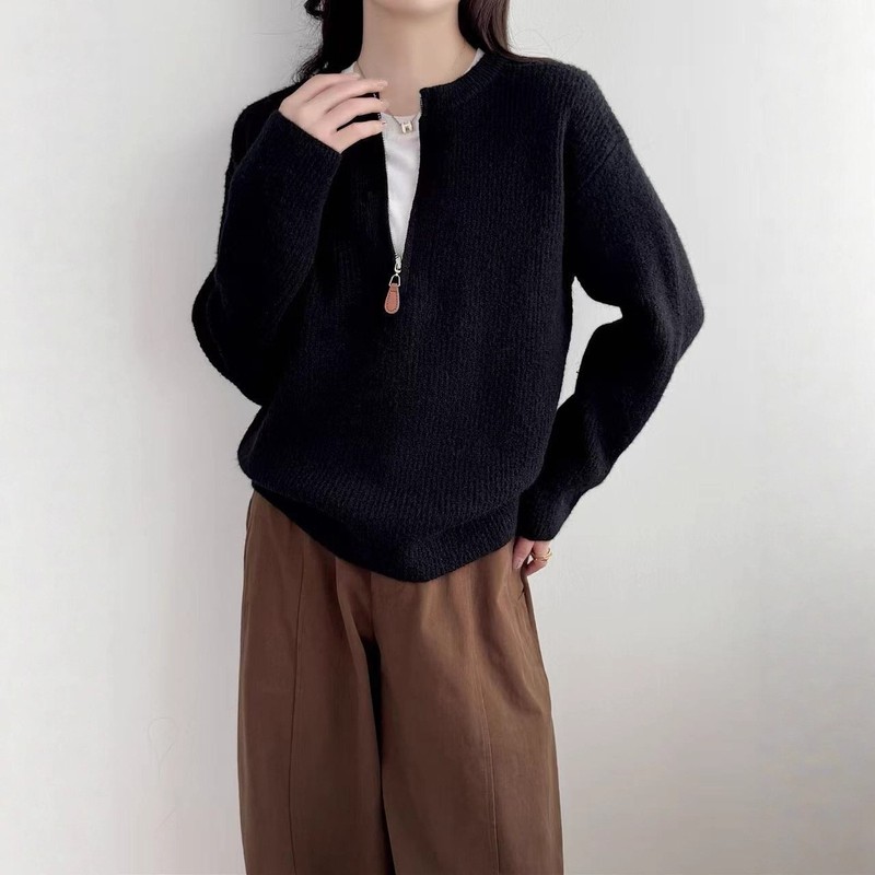 跨境欧美风休闲半拉链圆领套头毛衣女秋冬新款宽松内搭针织衫上衣|undefined