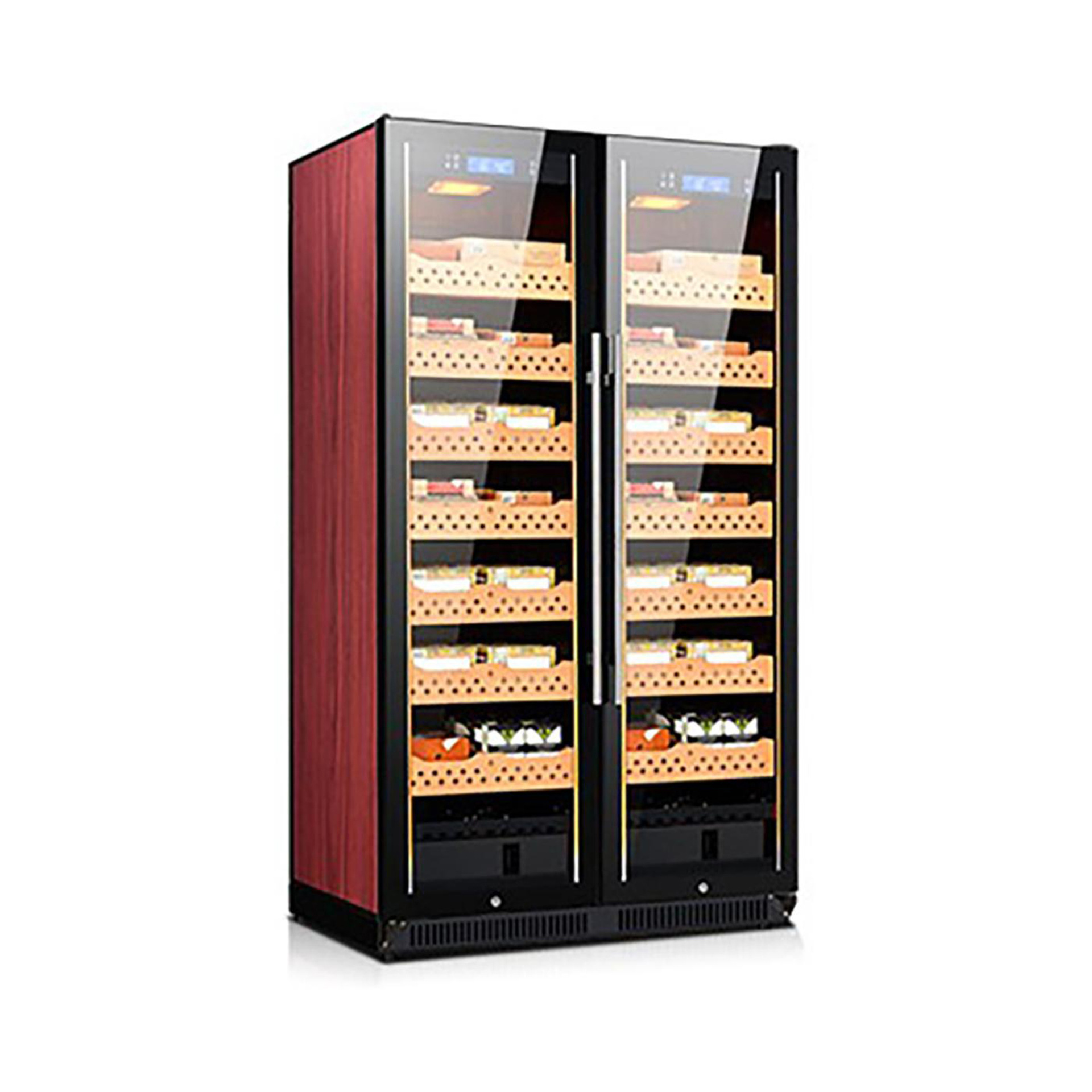 Gabinete de cigarros directo de fábrica temperatura constante compresor comercial refrigeración puerta doble estante de madera de cedro gabinete de cigarros de vino tinto