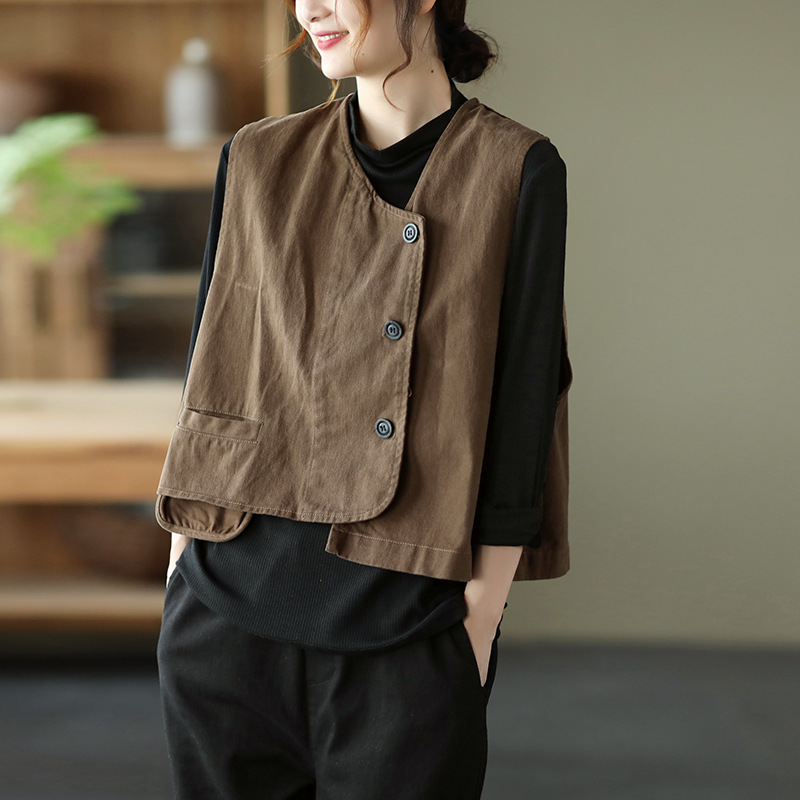 2026 Spring New Style Retro Twill Cotton Sleeveless Loose Vest Jacket Women's Vest Vest