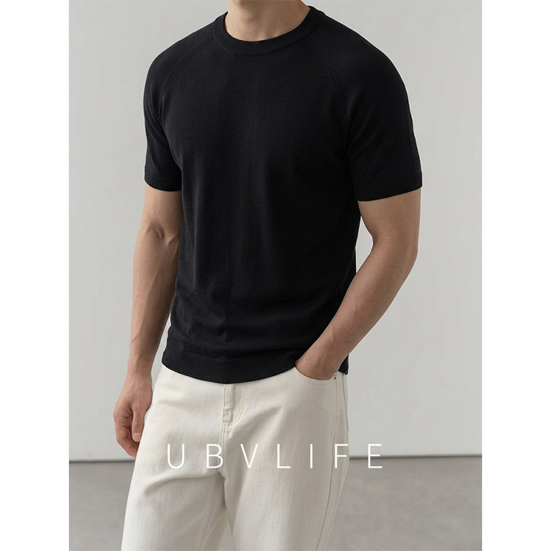 【Lyocell Tencel & Mulberry Silk】Summer New Saddle Shoulder Jacquard Sleeve Knitted Round Neck Short Sleeve T-Shirt for Men 【Lyocell Tencel & Mulberry Silk】Summer New Saddle Shoulder Jacquard Sleeve Knitted Round Neck Short Sleeve T-Shirt for Men