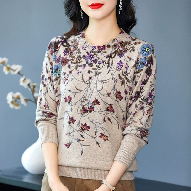 Женский кашемировый свитер с принтом среднего и пожилого возраста, пуловер для мамы, модная рубашка с шерстяным низом, Новинка осени и зимы