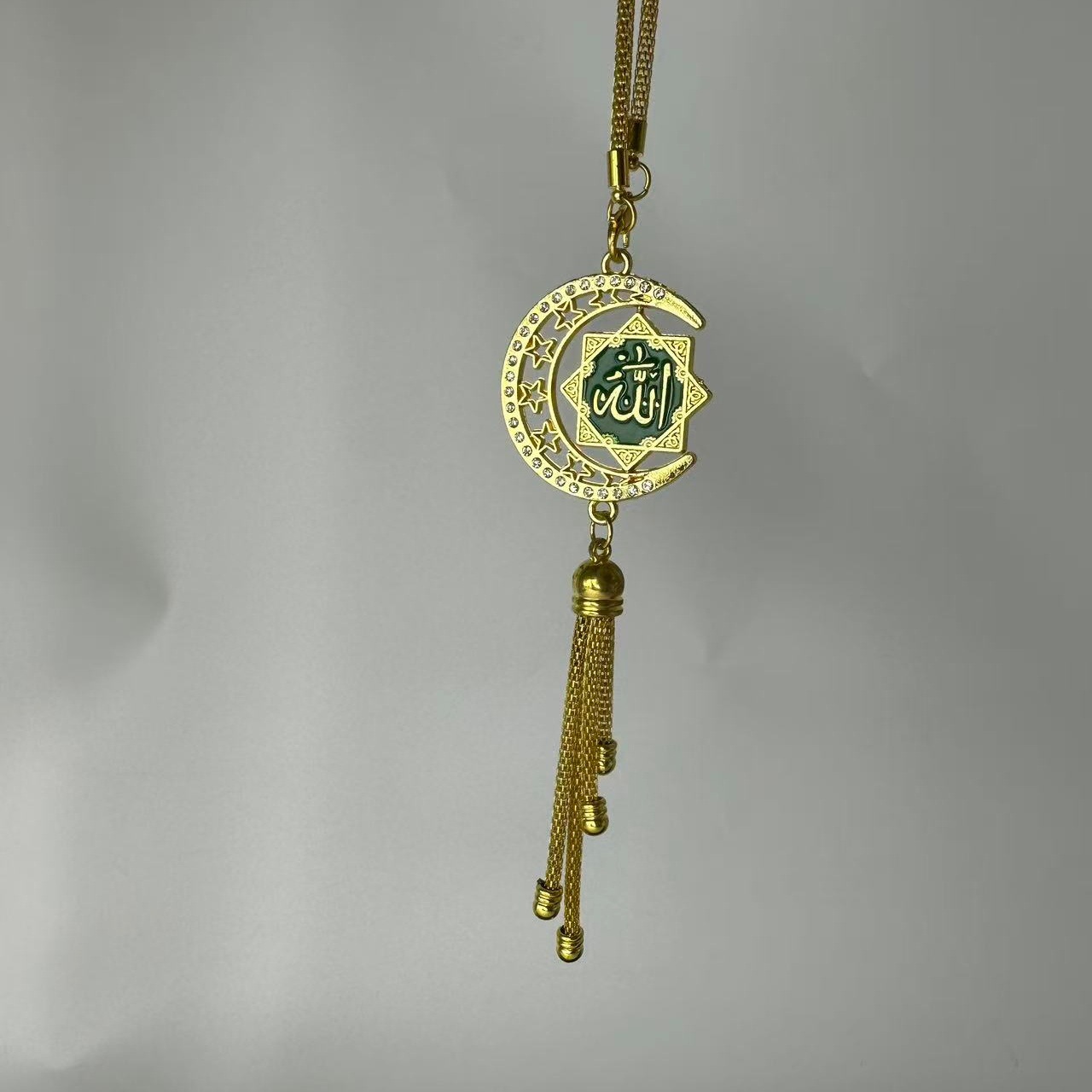 Golden Star and Moon Enamel Car Pendant, 3D Scripture Car Hanging Ornament, Diamond-Encrusted Rearview Mirror Tassel Decoration, Cross-Border Wholesale