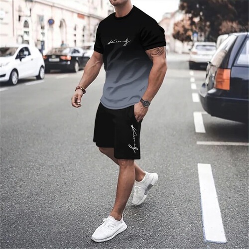 2025 Summer Gradient Color Short Sleeve Shorts Set 3D Digital Printing Simple Letter Gradient T-Shirt Two-Piece Set for Men