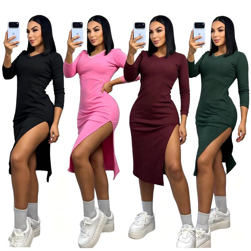Slim-fit V-neck embroidered long-sleeve dress, sexy slit bodycon midi dress Q6389