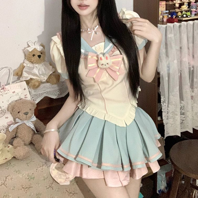 ほのかに太ったmmの甘いギャルの純欲風のスーツの女性の夏の子供の襟のシャツの蓬蓬蓬蓬は半身のスカートの2つのセットをつなぎます。|undefined