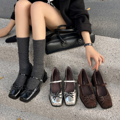 南法少女~蝴蝶结牛皮玛丽珍鞋2025秋季粗中跟方头真皮一字扣单鞋