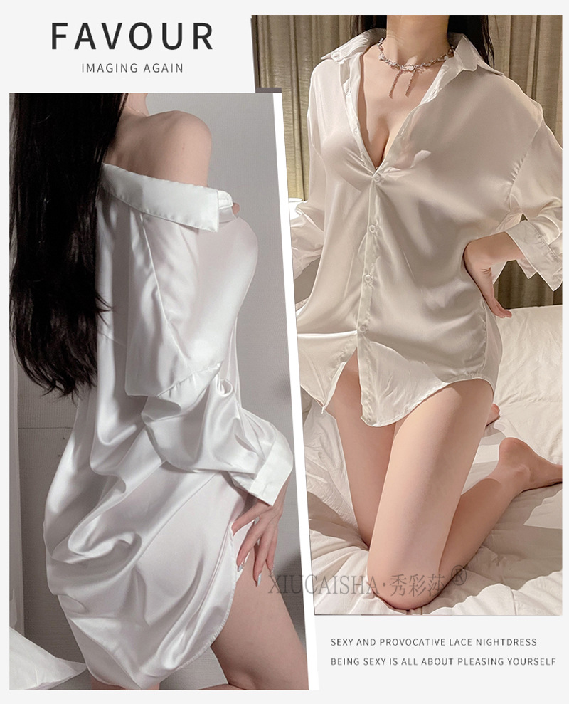 Boyfriend-Style White Shirt Nightgown, Loose Long-Sleeve Polyester Sleepwear, One Size — detail image 12