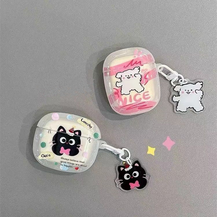 Cartoon Wave Point Black Cat es adecuado para Apple Airpods 4 Bluetooth auriculares cubierta de protección pro3 auriculares