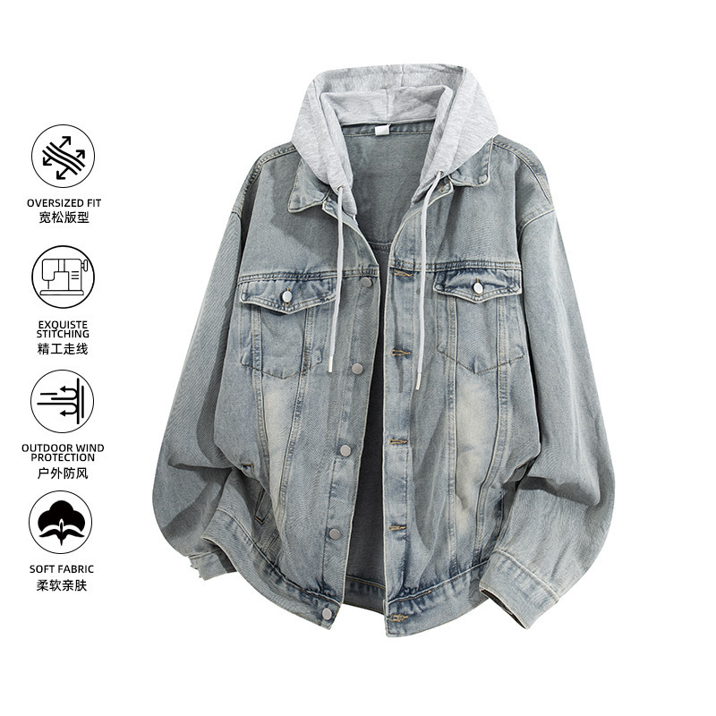Nasa Fake Two-Piece Hooded Denim Jacket Men's Autumn and Winter New Fashion Brand Youth College Style Washed Jacket