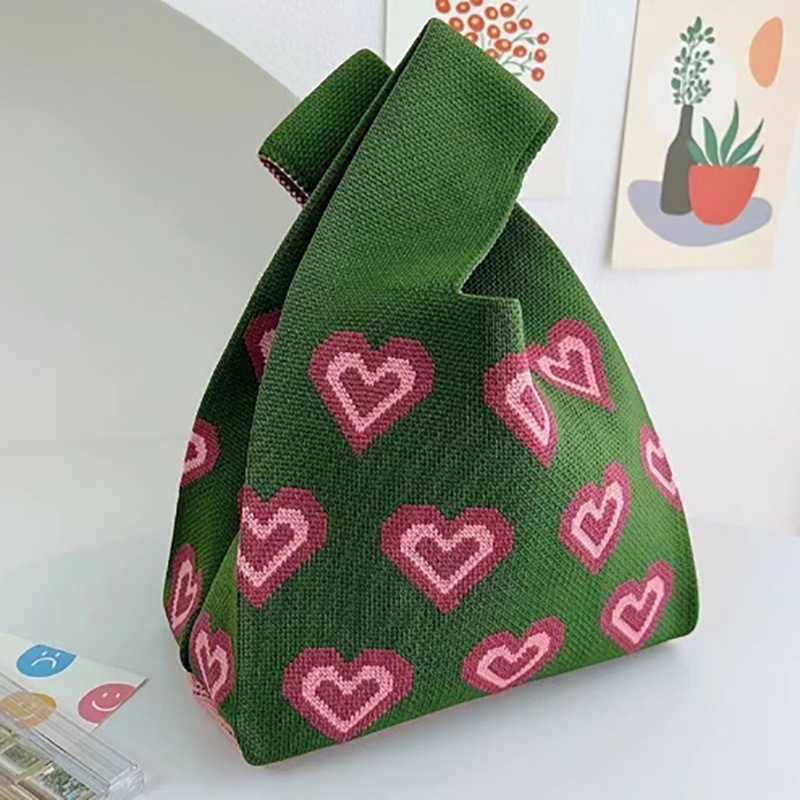 Nuevo bolso de punto para teléfono para mujer, bolso tejido suave en colores dopamina, bolso de mano con forma de corazón en estilo coreano con bloques de color.