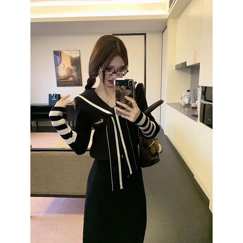 学院风海军领披肩长袖针织衫女秋季新款高腰显瘦半身长裙时尚套装|undefined