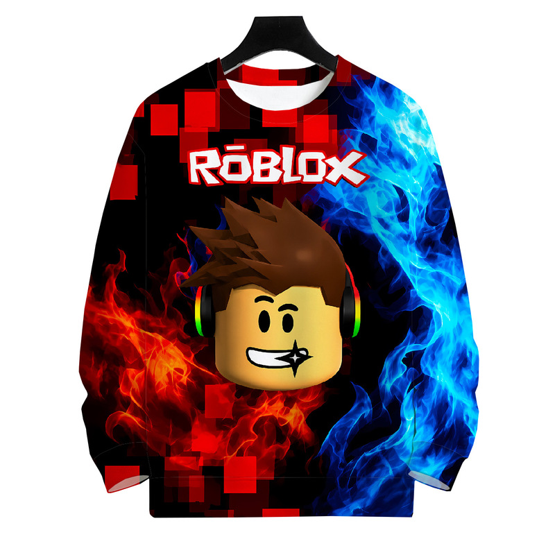 Roblox Game Character Flame Pattern Trendy Long Sleeve T-Shirt for Teenagers Gaming Enthusiasts Crew Neck Sweatshirt