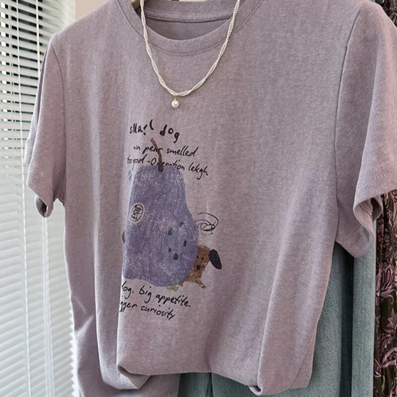 Korean Dongdaemun Slim-Fit Fruit Letter Print Snowflake Cotton Taro Purple Short-Sleeve T-Shirt Women's Thin Stylish Ins Style