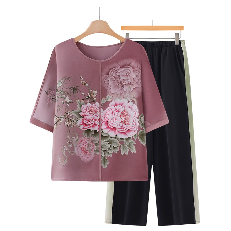 Летние рубашки для женщин среднего и пожилого возраста, костюмы для бабушек, тонкие свободные топы из двух частей с цветочным принтом для старух, свободные