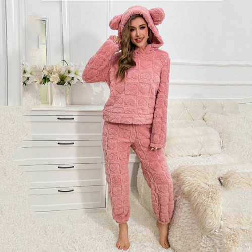 2025 Winter Cotton Fleece Pink Square Heart Print Set Casual Plush Homecoming Hooded Sweatshirt