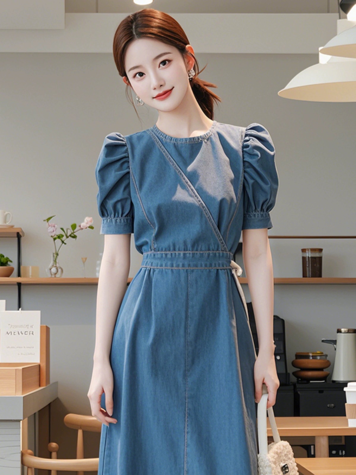 Váy denim xanh dáng maxi thắt eo phong cách Hàn Quốc mùa hè — Màu xanh lam chi tiết 4