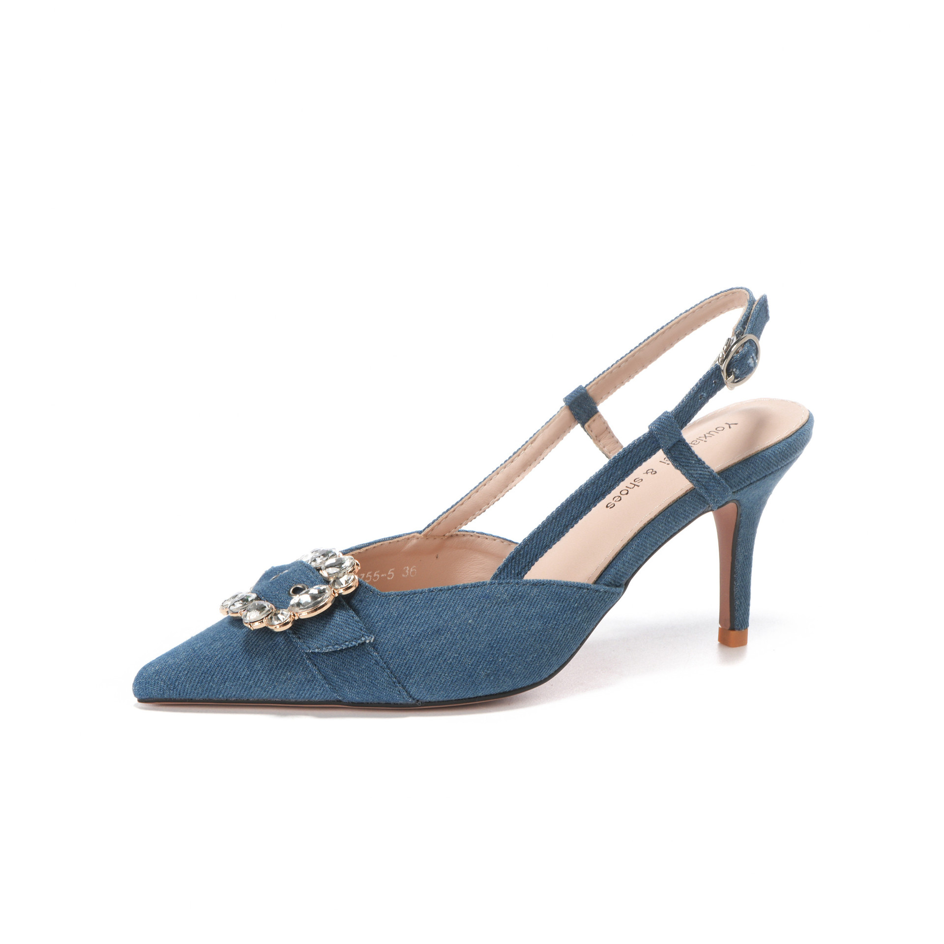 7755-5 Denim Blue Style Belt Buckle Closed Sandals Front Open Back Thin Heel High Heels Commuting_voghion.com