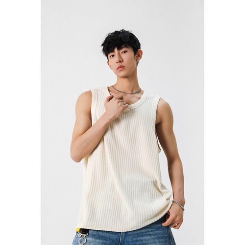 Texture White Men's Tank Top 2025 Summer New Simple Trendy Cross-Training Cut-shoulder Loose Casual Sleeveless T-shirt