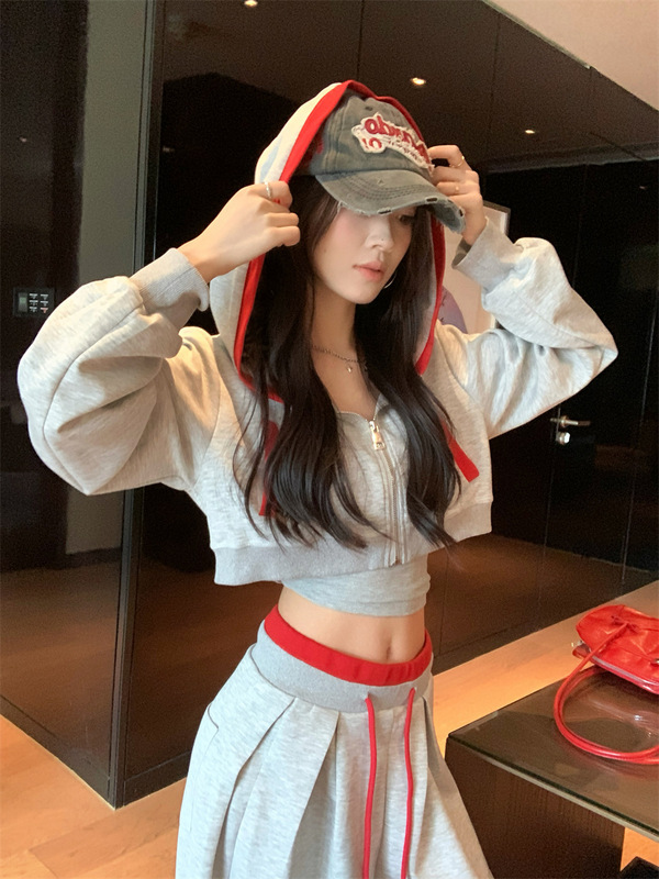 实拍 2025秋冬美式辣妹设计感拼色短款卫衣直筒宽松抽绳卫裤套装|undefined