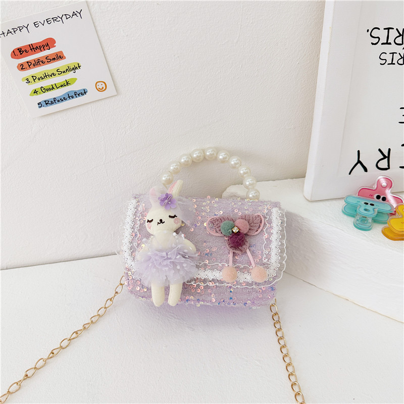 Nuevos niños estilo Chanel estilo bolsa moda perla bolso de hombro de dibujos animados muñeca bolsa de mensajero cadena