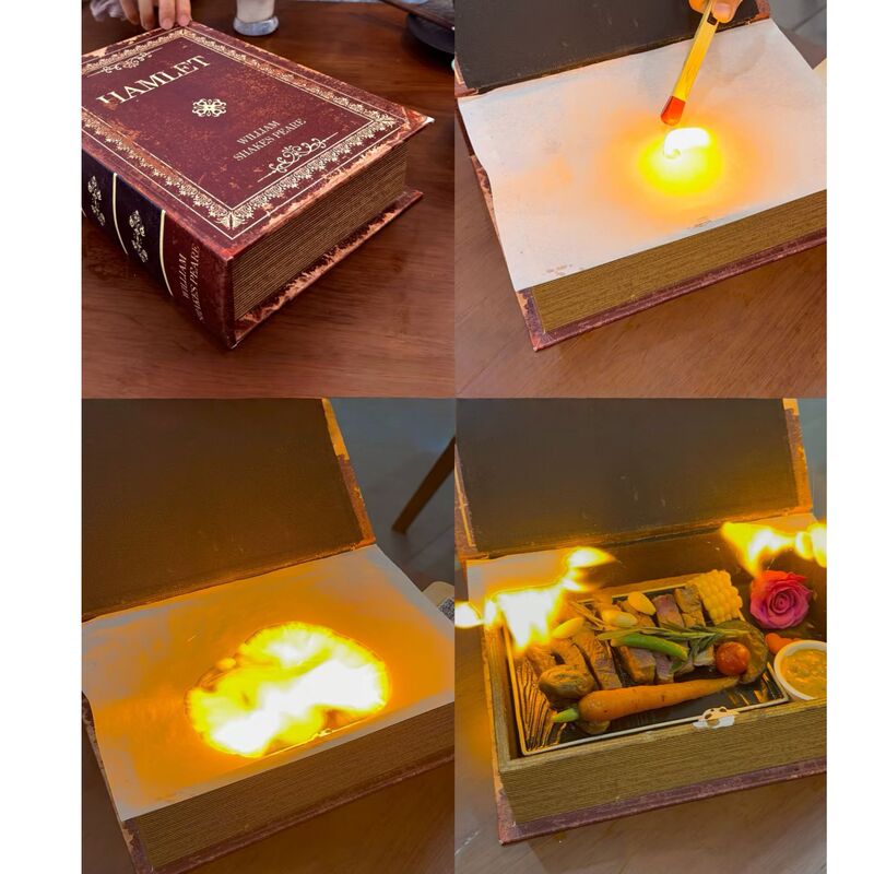 Magic Book Steak Preparation Box for Popular Restaurants, Wooden Fake Book, Artificial Book Model, Dinner Plate, Table Decoration