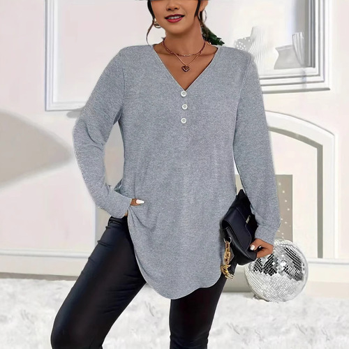 European and American autumn and winter elegant large size women's solid color button long-sleeved shirt