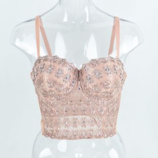 Meihua Lace Camisole with Bright Diamond Beading Top, Short Sexy Belly Dance Tight Shaping Fishbone Bra