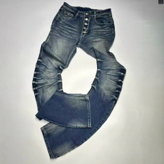 跨境冰蓝裂痕水洗立体裤子弯刀版型高弹雾蓝美式牛仔裤男女高街百