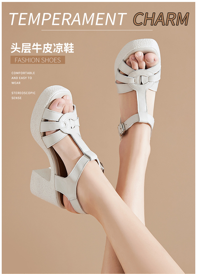 Sandal cao gót nữ quai ngang da thật phong cách La Mã đế dày gót thô — Màu đen chi tiết 2