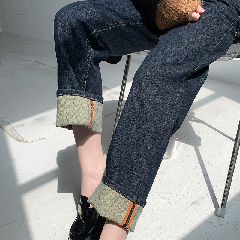 dark blue Straight Leg Jeans Women's Autumn and Winter 2024 New High Waist Slimming Curl Wide Leg Pants