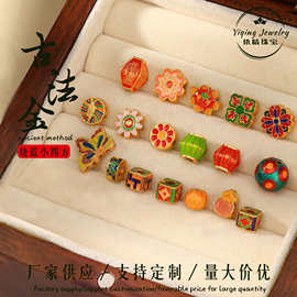 s925银镀金配件烧蓝四面通孔彩色渐变桃花隔珠串diy手链编织饰品