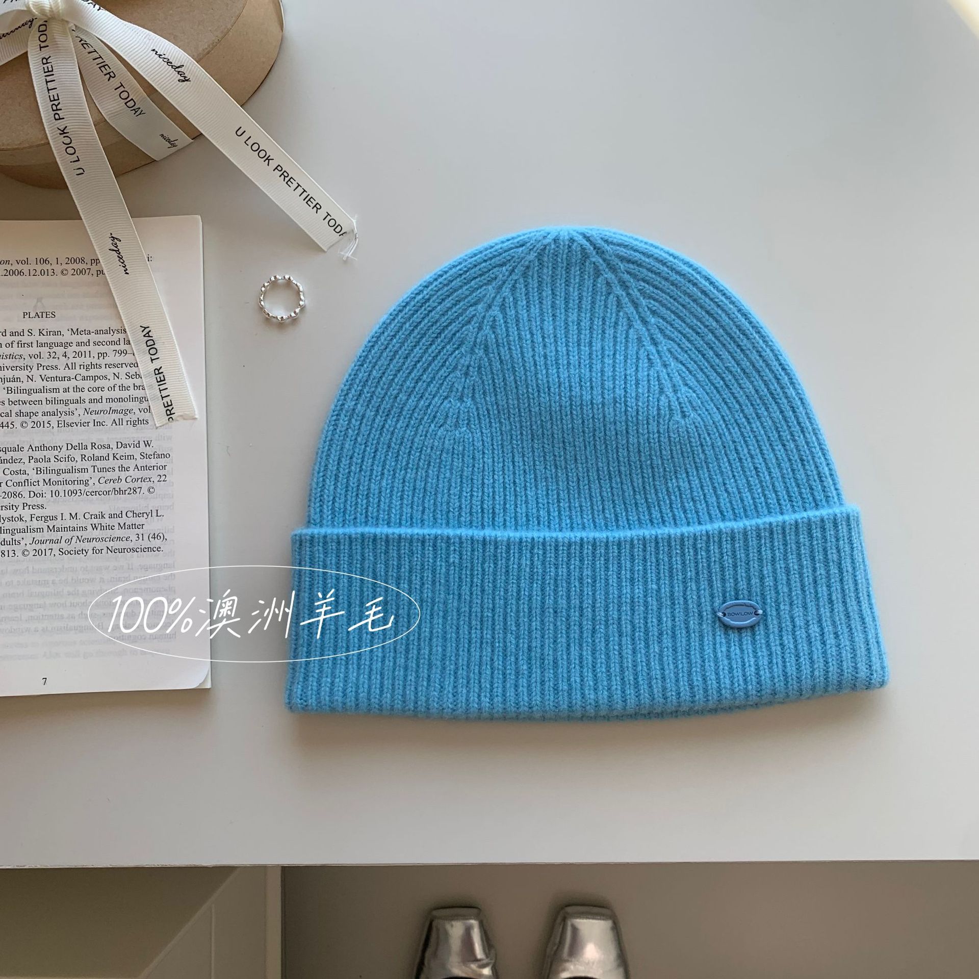 纯色100%羊毛翻边针织帽子女冬季复古新款大头围百搭保暖毛线冷帽