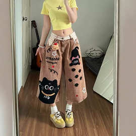 卡通猫咪毛巾刺绣牛仔七分裤女2026夏季新款宽松显瘦阔腿短裤中裤