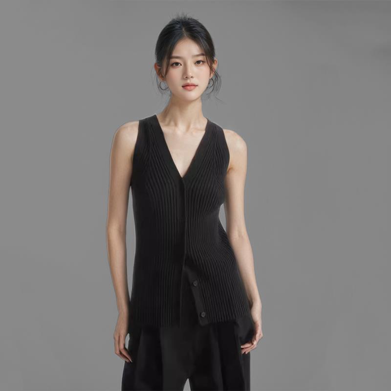 2024 Summer New CoS Women's Simple Rib Waistline V-neck Sleeveless Knitted Cardigan Vest Vest Top Women