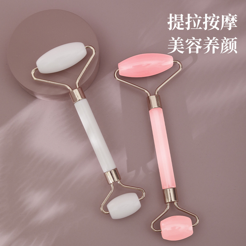 Placa de masaje de cristal de polvo en forma de corazón, masaje de rodillos de doble cabeza, masaje de lágrimas de jade, masaje facial conjunto de belleza
