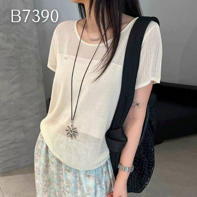 冰丝短款镂空针织衫圆领休闲上衣女2025夏季百搭宽松舒适打底衫