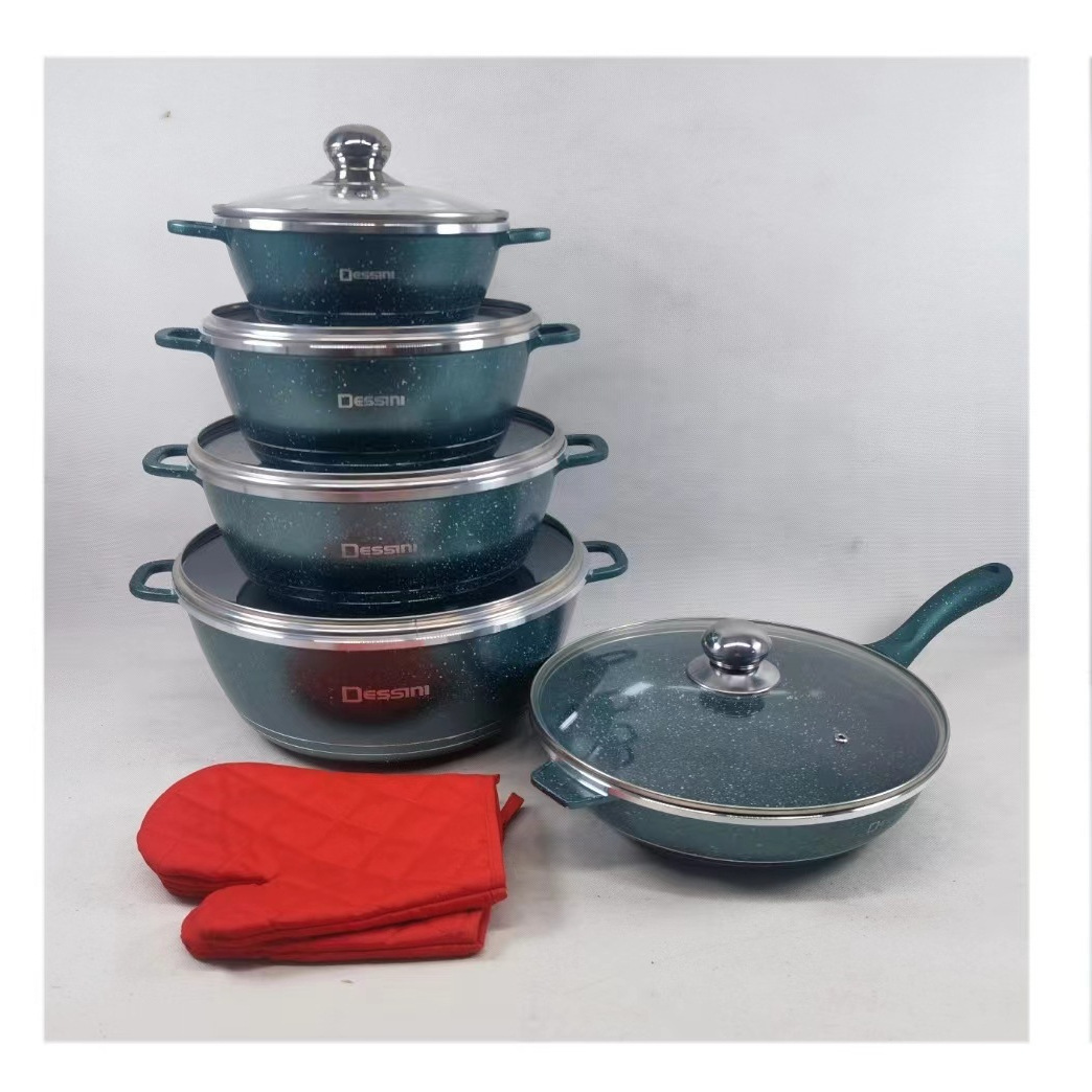 Olla antiadherente de aluminio Olla de sopa de arroz de trigo Olla de fundición a presión con tapa de vidrio coreana multifuncional Juego de ollas de cocina de 12 piezas