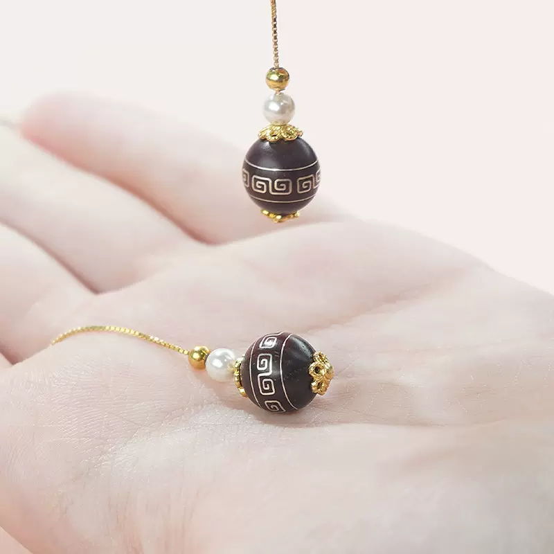 小叶紫檀手工木镶银回纹耳饰轻奢高级感耳环饰品S925耳线云雷纹