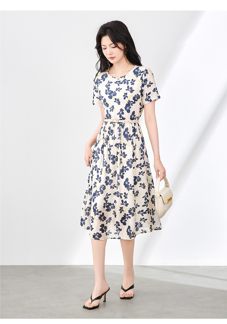 Váy maxi nữ tay ngắn thắt lưng chất liệu Tencel linen in họa tiết — Màu đen chi tiết 13