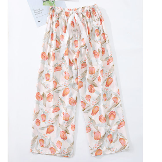 Summer Cotton Silk Pajama Pants Women's Artificial Cotton Beach Pants Wide Leg Pants Large Size Air Conditioning Pants Home Clothes Cropped Pants Long Pants