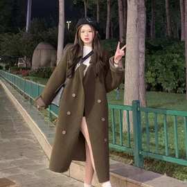 2025秋冬新款韩系宽松时尚百搭仿羊羔毛中长款毛呢外套大衣女chic