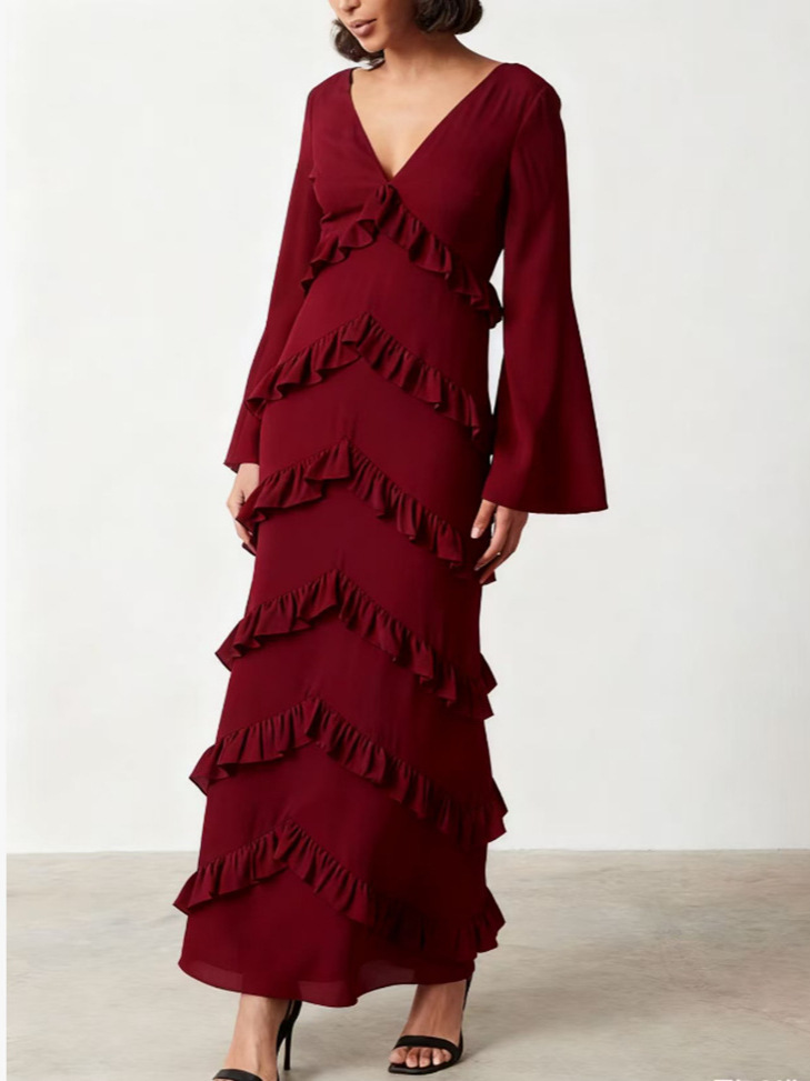 2025 automne commerce extérieur transfrontalier européen et américain Amazon automne et hiver robe à col en V en maille mince à manches longues pour femmes