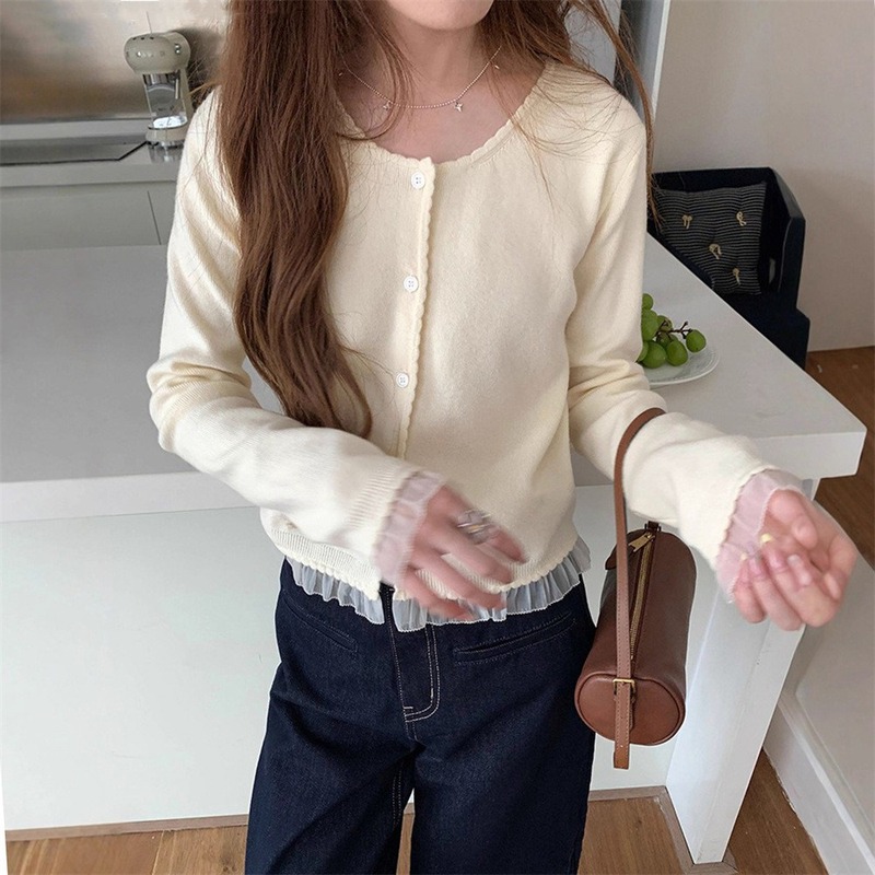 温柔风拼接设计感蕾丝花边针织开衫女秋冬新款小个子短款毛衣外套|undefined