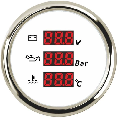 52mm Digital Display Three-In-One Multifunctional Instrument for Oil Level, Water Temperature, Oil Pressure, Voltage, Sewage, and Clean Water, Suitable for Modified Vehicles and Boats (automobile instrument) - silver-edge-white-background-voltage-oil-pressure-water-temperature